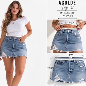 AGOLDE Distressed Denim Mini Skirt Size 31 High Rise Frayed Hem preppy